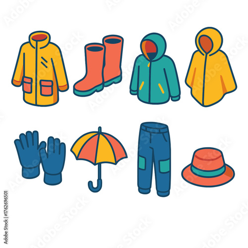 Weather-Resistant Wear flat isometric set: windproof coat, rain boots, hooded jacket, poncho, gloves, umbrella, waterproof pants, hat.