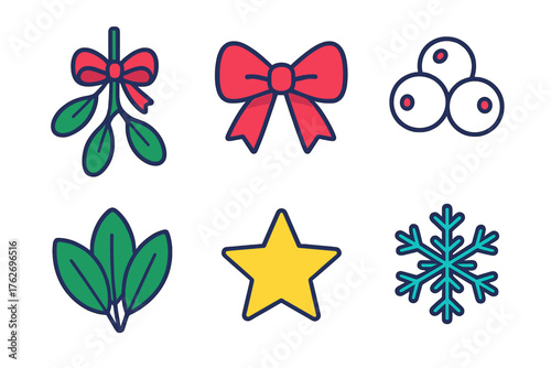 Christmas Mistletoe flat isometric set: mistletoe branch, ribbon bow, berries, leaves, star, snowflake.