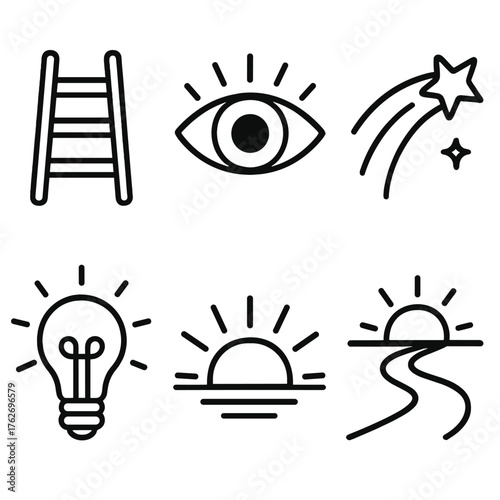 Visionary dreamer outline icon set: ladder, open eye, shooting star, light bulb, sunrise, path.
