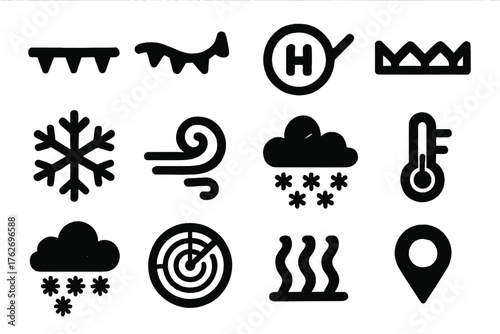 Winter Weather Fronts Meteorological Map Style silhouette set: cold front symbol, warm front curve, occluded front, stationary front, snowflake, wind swirl, pressure system,