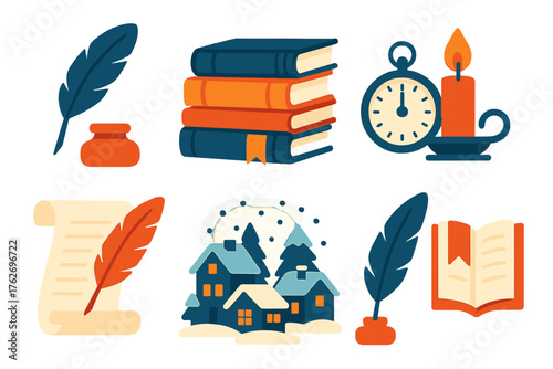 Winter Stories Timeless Classics flat icons: ink quill, stack of books, clock at midnight, candle on desk, parchment scroll, winter village, feather pen, bookmark ribbon.