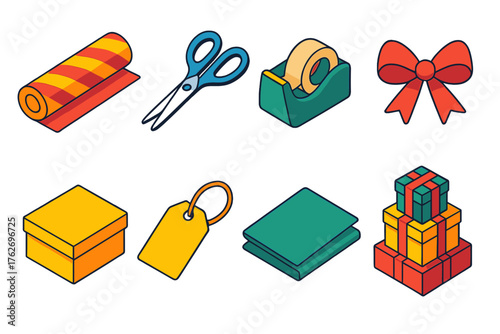 Christmas Preparation Wrapping Gifts flat isometric set: wrapping paper roll, scissors, tape dispenser, ribbon bow, folded box, name tag, folded tissue paper, gift stack.