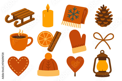 Winter Spirit Rustic Warmth flat icons: wooden sled, beeswax candle, wool blanket, pinecone, cup of tea, cinnamon stick, dried orange, knit mitten, twine bow, felt heart, cozy hat,