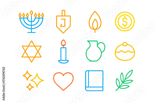 Hanukkah Celebration Minimal Line Icons flat icons: menorah outline, dreidel, flame, coin, star, candle, jug, donut, sparkle, heart, book, olive leaf.