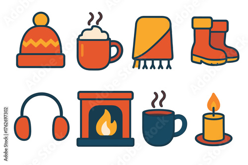 Christmas Snow — Cozy winter flat icons: wool hat, hot chocolate mug, fluffy blanket, snow boots, earmuffs, fireplace, steaming mug, candle flame.