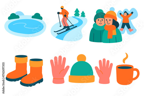 Chilly Outdoor Fun flat icons: frozen pond, ski trail, bundled friends, snow angel, winter boots, gloves, beanie, warm drink.