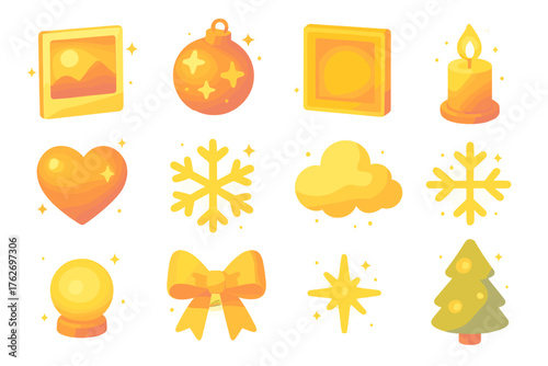 Holiday Memories Magical Glow flat isometric set: glowing photo, starlit ornament, golden frame, radiant candle, glitter heart, shimmer ribbon, sparkling snowflake, soft cloud,