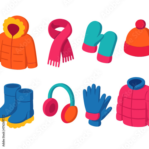 Cold Weather Gear flat isometric set: parka, scarf, mittens, beanie, snow boots, earmuffs, gloves, puffer jacket.