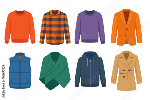 Layering Pieces flat icons: sweater, flannel shirt, pullover, blazer, puffer vest, wrap, zip-up hoodie, trench coat.