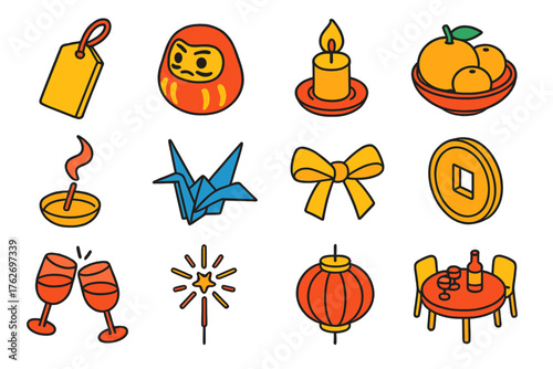 New Year Wishes Traditions — Warm Line Art flat isometric set: written wish tag, lucky charm, candle light, fruit offering, incense smoke, folded paper crane, festive ribbon, gold