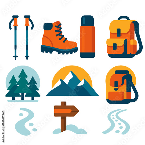 Slopes & Trails Winter Hike flat icons: trekking poles, hiking boots, pine forest, mountain ridge, thermos flask, backpack, trail marker, snow tracks.