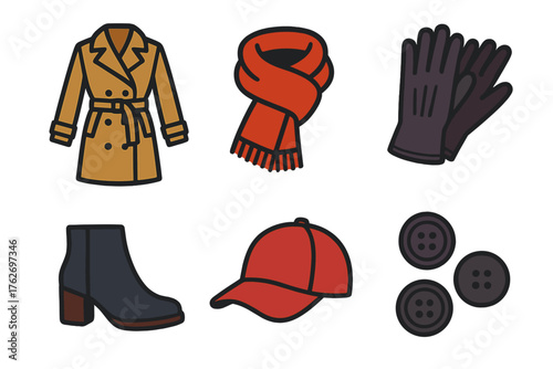 Bundled Looks flat icons: trench coat, thick scarf, leather gloves, ankle boots, cap, coat buttons.