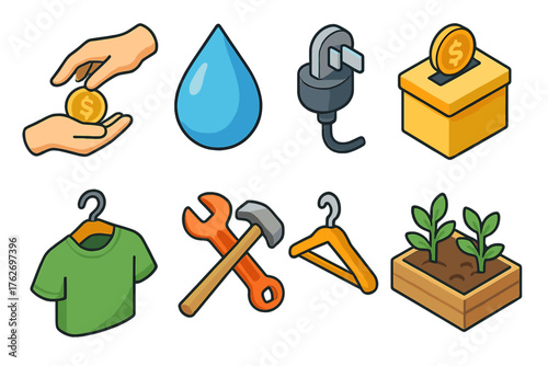 Resource Sharing set icons in modern isometric flat vector style: hand passing coin, water droplet, food basket, donation box, clothing hanger, tool exchange, energy plug,