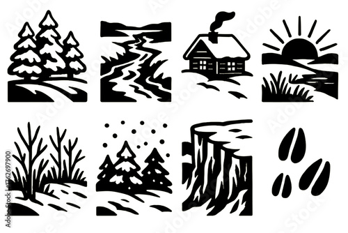 Snowy Landscapes silhouette set: snow-covered trees, frozen river, cabin with smoke, winter sunrise, frosty meadow, gentle snowfall, icy cliff, deer tracks.