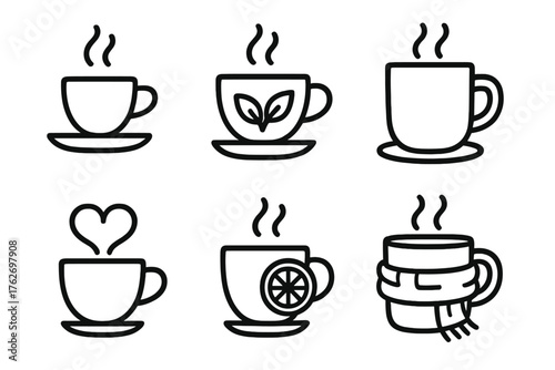Steaming Cups outline icon set: espresso cup, tea leaf, mug on coaster, steam heart, lemon slice, cozy scarf.