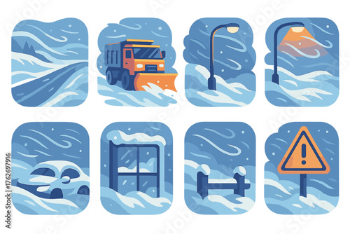 Snow Drifts — Blizzard effects flat icons: icy road, snowplow, streetlight glow, covered car, blowing wind, frosted window, buried fence, warning sign.