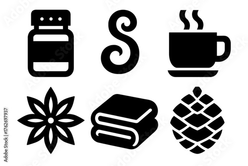 Cinnamon Comfort silhouette set: spice jar, steam swirl, tea cup, star anise, blanket, pinecone.