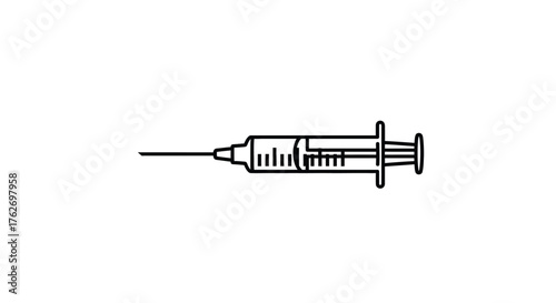 Detailed illustration of a medical syringe a stark black and white silhouette
