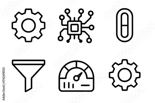 Technical process outline icon set: gear, circuit board, switch, funnel, dashboard, cogwheel.