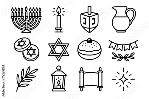 Hanukkah Lights outline icon set: menorah glow, candle flame, dreidel top, oil pitcher, gold gelt, star symbol, donut treat, festive garland, olive branch, lantern light, scroll,