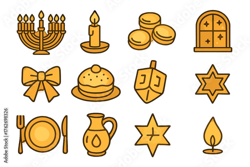 Hanukkah Festivities Warm Glow outline icon set: glowing menorah, flickering candle, gold coins, jelly-filled donut, shining dreidel, lighted window, ribbon bow, festive plate,