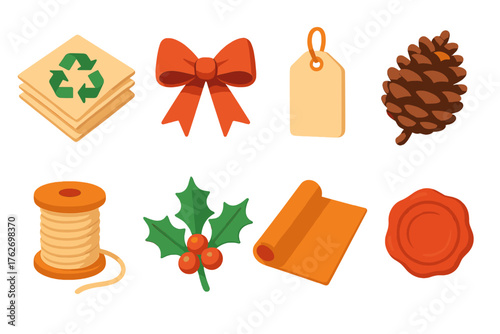 Creative Wrapping flat isometric set: recycled paper, ribbon bow, decorative tag, pinecone accent, string spool, holly sprig, folded wrap, wax stamp.