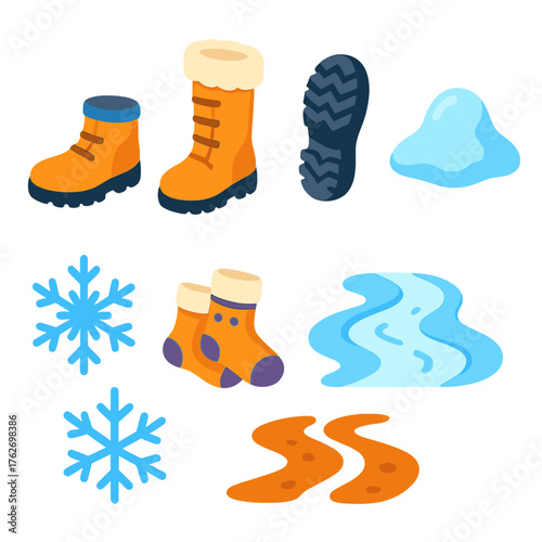 Snow Boots flat isometric set: ankle boots, tall winter boots, tread soles, fur trim, snow mound, ice crystals, cozy socks, outdoor path.