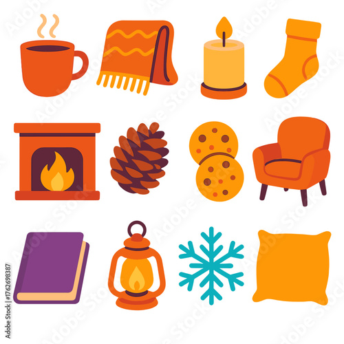 Comfort Season flat icons: hot drink, cozy blanket, candlelight, wool socks, fireplace, pinecone, cookies, comfy chair, book, lantern glow, snowflake, pillow.