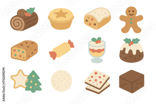 Christmas Treats Desserts — Flat Pastel Icons flat icons: yule log cake, mince pie, stollen loaf, gingerbread man, fruitcake slice, marzipan candy, trifle glass, plum pudding, iced