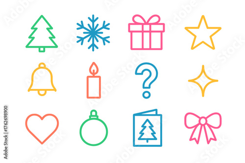 Christmas Trivia Minimal Line Icons flat icons: tree outline, snowflake, gift, star, bell, candle, question mark, sparkle, heart, ornament, card, bow.