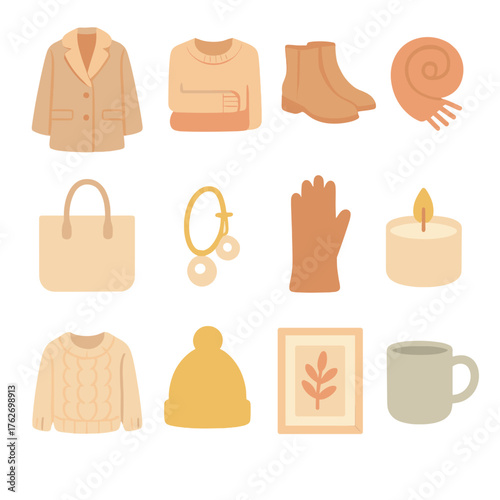 Stylish Warmth Minimal — Soft Pastel Icons flat icons: neutral coat, folded sweater, suede boots, scarf roll, simple tote, pearl earring, leather glove, candle, soft knit, wool hat