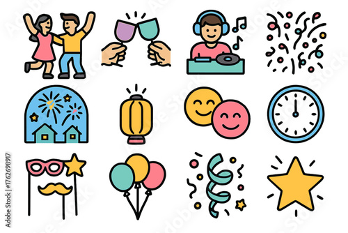 Holiday Gathering Celebration — Bright Pastel Icons outline icon set: dancing friends, toast moment, DJ music, confetti shower, fireworks outside, glowing lantern, happy faces,