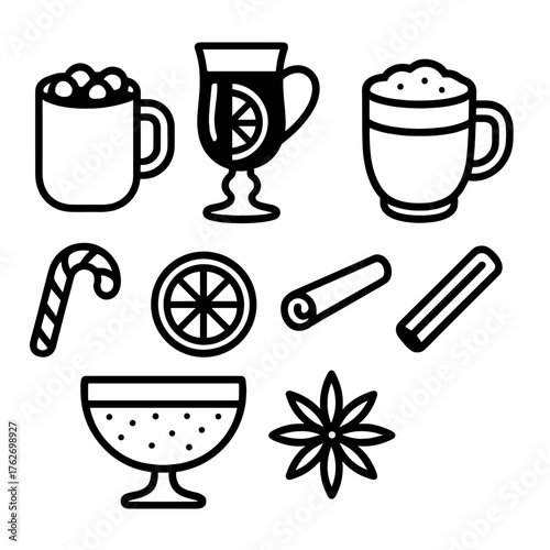 Holiday Beverages Festive Classics outline icon set: mug of hot cocoa, mulled wine glass, eggnog cup, cinnamon stick, orange slice, sugar rim, star anise, candy cane stirrer.