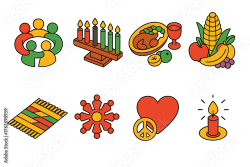 Kwanzaa Family flat isometric set: family circle, kinara flames, shared feast, maize and fruits, woven mat, community symbol, peace heart, shining candle.
