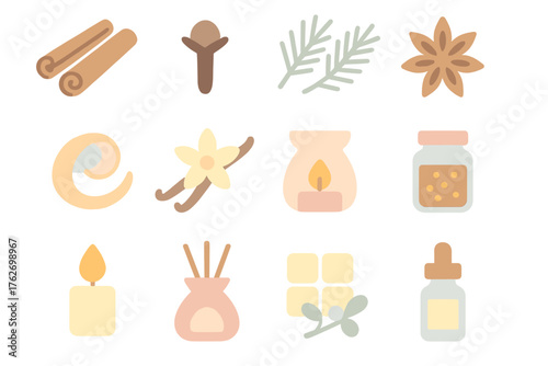 Holiday Warmers Scents — Soft Pastel Icons flat icons: cinnamon sticks, clove, pine branches, orange peel, vanilla pod, star anise, candle flame, diffuser, jar of spice, mistletoe,