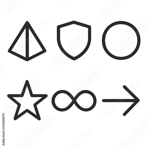 Abstract token outline icon set: prism, shield, circle, star, infinity loop, arrow.