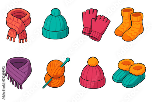 Woolen Accessories flat isometric set: chunky scarf, wool beanie, fingerless gloves, fuzzy socks, knitted shawl, yarn skein, pom-pom hat, cozy slippers.