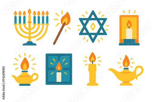 Hanukkah Traditions Festival Lights flat icons: menorah with candles, flame glow, matchstick, star of David, candle box, shining oil lamp, glowing window, wax drip.