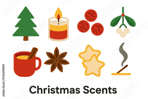 Christmas Scents flat icons: fir tree, scented candle jar, dried cranberries, mistletoe sprig, apple cider mug, star anise, sugar cookies, incense smoke.