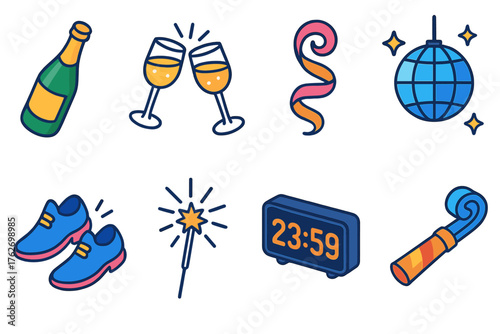 New Year Countdown — Celebration time flat isometric set: champagne bottle, clinking glasses, streamer swirl, glitter ball, dancing shoes, sparkler, countdown timer, festive horn.