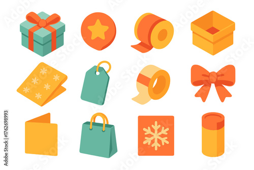 Holiday Branding Packaging — Warm Flat Icons flat isometric set: gift wrap, sticker seal, ribbon roll, box design, tissue paper, name tag, wrapping tape, bow, thank you card, bag
