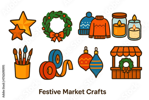 Festive Market Crafts flat icons: wooden stars, wreath making, knitted goods, candles in jars, art brushes, ribbons, ornaments, cozy stall.