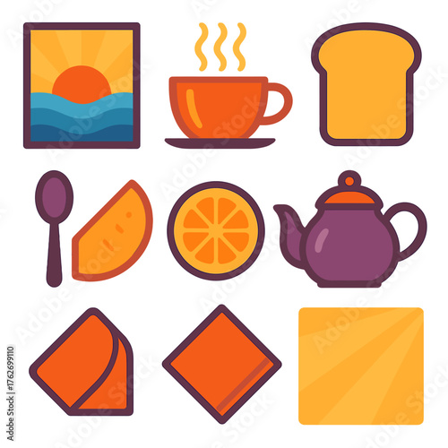 Soothing Sips — Morning calm flat icons: sunrise window, steaming cup, teapot, toast, spoon, fruit slice, table napkin, gentle rays.