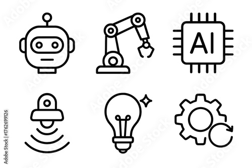 Robotics Intelligence outline icon set: robot head, mechanical arm, AI chip, motion sensor, innovation spark, automation gear.