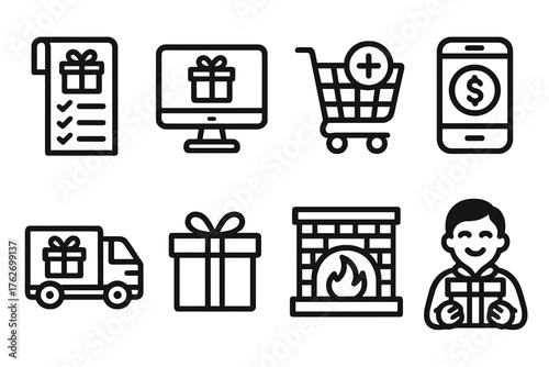 Holiday Shopping Journey outline icon set: gift list, online store, cart icon, checkout screen, delivery truck, wrapped package, fireplace scene, happy recipient.