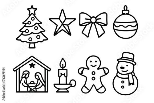 Classic Christmas outline icon set: decorated tree, golden star, red ribbon, ornament ball, nativity scene, candle holder, gingerbread cookie, snowman.