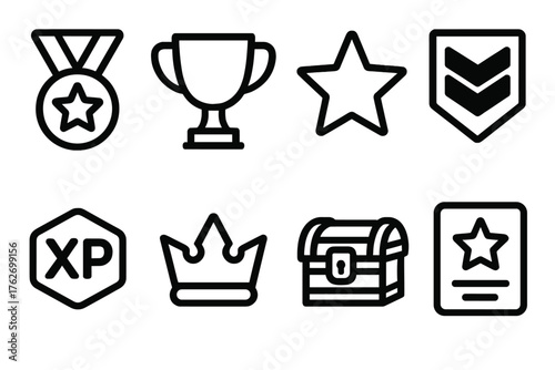Character Rewards outline icon set: badge medal, trophy cup, star icon, rank emblem, experience points, crown symbol, reward chest, achievement card.