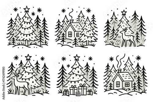 Christmas Tree Forest outline icon set: winter woods, twinkling lights, star-topped trees, cozy cottages, frosty mist, woodland deer, gift clusters, snowflakes.