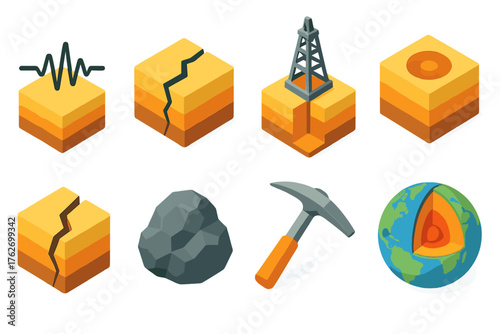 Geological mantle set icons in modern isometric flat vector style: seismic wave, earthquake lines, drilling rig, core heat, fault line, mineral rock, geologist pick, crust-labeled
