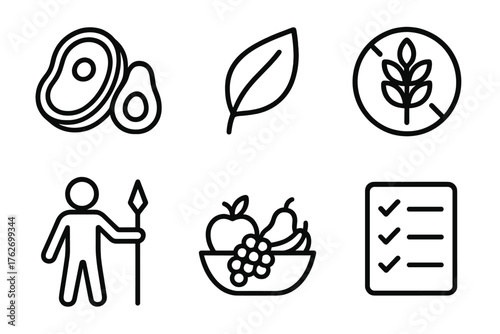 Diet Types outline icon set: keto symbol, vegan leaf, gluten-free badge, paleo icon, fruit basket, checklist.